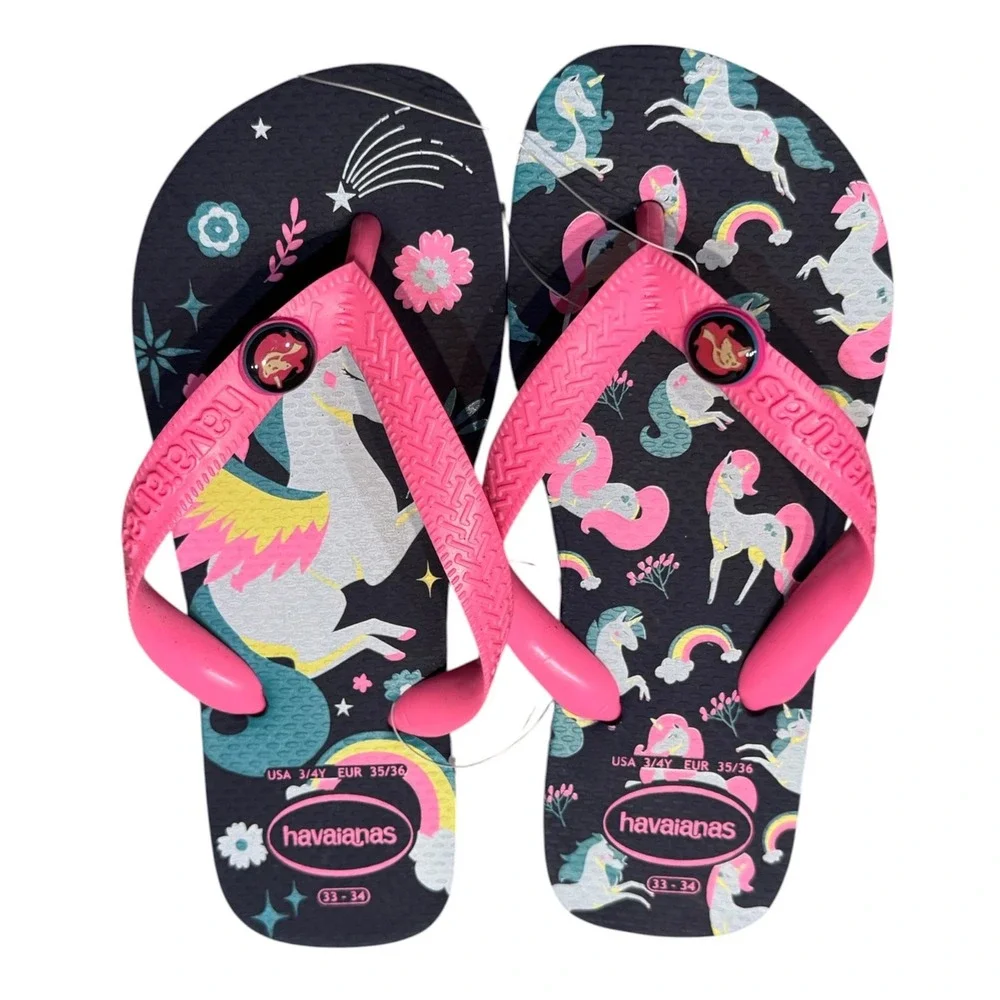Havaianas Kids Fantasy Unicorn Rainbow Flip Flop Sandals Navy Pink 3/4Y New